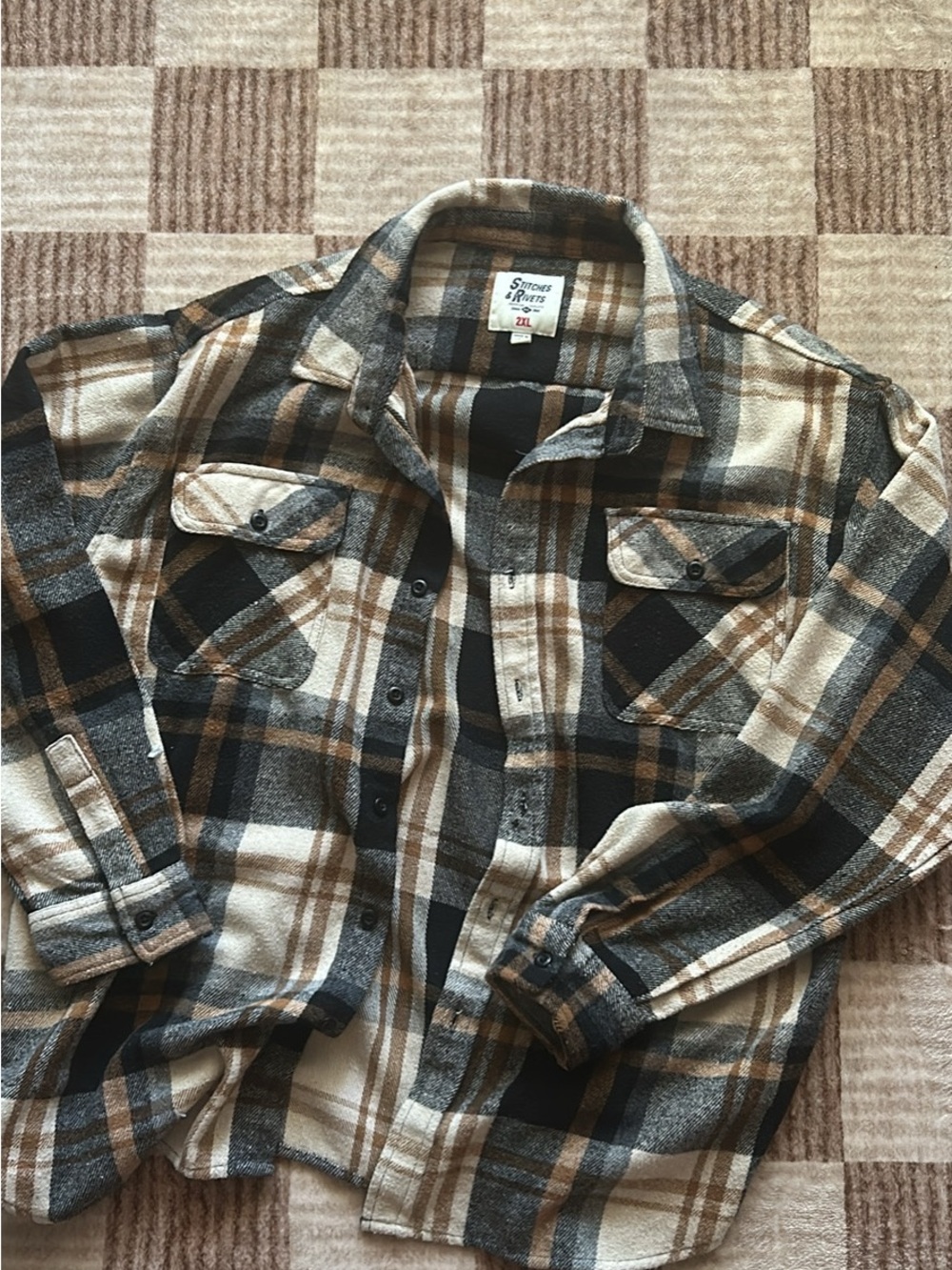Stitches and rivets Flannel Shirt - Cream, Brown, Black